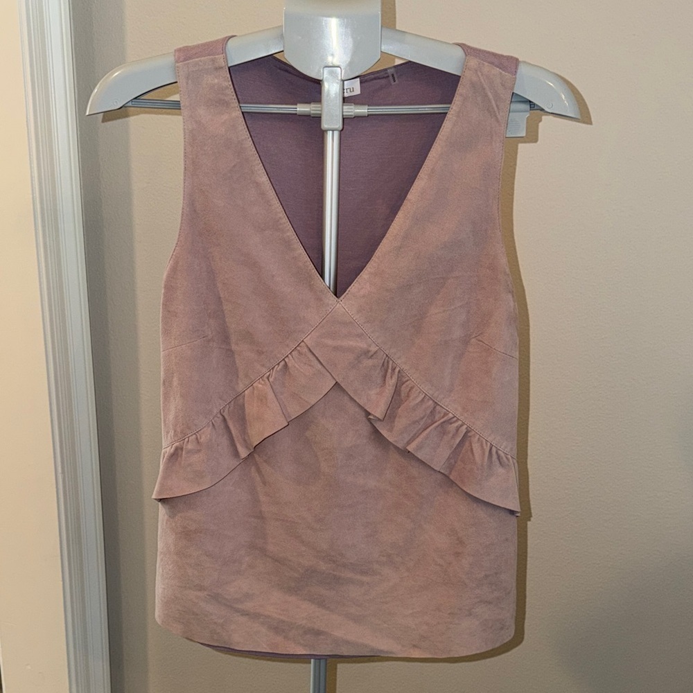 Ecru Mauve Ruffle V-Neck Leather Top